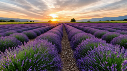 Obraz premium Lavender fields at sunset with vibrant colors and dramatic sky