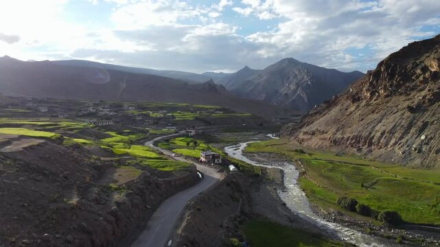 An aerial view of himalayan mountains at gya village in the Leh district of Ladakh between the Indus river valley and Tanglang La Pass on the leh-manali highway in India.