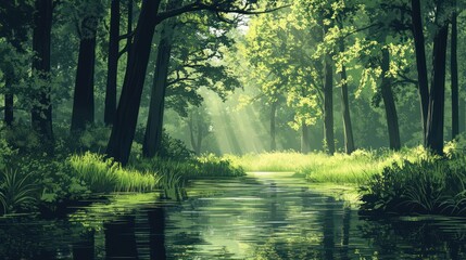 Obraz premium Sunlit stream flows through lush green forest.