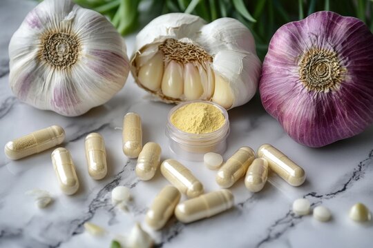 Garlic powder in capsules, natural garlic supplement for health, product photography in the kitchen, clean environment, close-up view