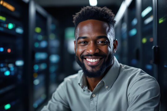 Close portrait of a smiling 40s Saint Lucian male IT worker looking at the camera, against dark server room blurred background.