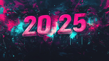 A bold and futuristic typography "2025", featuring sleek sans-serif fonts with holographic gradients, neon accents, and a cyberpunk aesthetic, layered over a minimalist dark background 