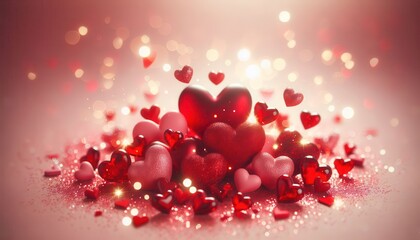 Obraz premium Festive background with hearts, bokeh lights, glitter effect in pastel halftones of pink, red and beige for weddings and Valentine's Day, Declaration of love, Symbol of love