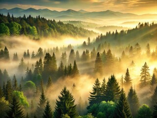Fog-wreathed firs climb misty hills, morning light painting the vintage landscape.