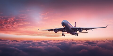 Fototapeta premium Commercial airliner is approaching airport runway, flying over a dense layer of clouds, during a colorful sunset with pink and orange light