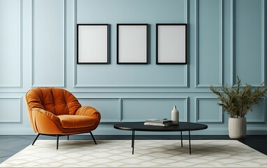 Fototapeta premium Stylish living room interior with orange armchair, coffee table, and three blank frames on a light blue wall.