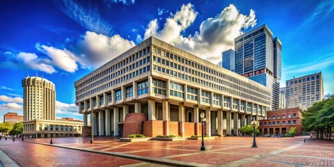 Fototapeta premium Gray concrete and geometric facades define Boston City Hall's modernist architecture, a stark urban landmark.