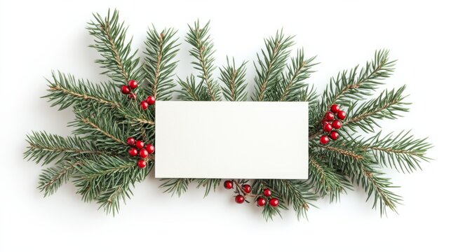 Green evergreen branches adorned with red berries frame a blank white card. This setup is ideal for creating festive holiday greetings or announcements during the season