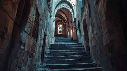 Obraz premium Weathered stone steps ascend through an old structure, with intricate arches framing the way. A vibrant stained glass window casts colorful light onto the walls, enhancing the historic atmosphere