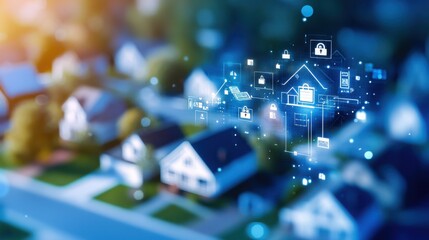 Aerial view of suburban neighborhood with tax data insights residential area digital visualization urban environment high angle smart technology