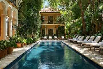Luxury villa with a serene swimming pool surrounded by lush greenery in a tropical setting