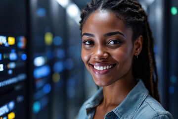 Obraz premium Close portrait of a smiling 40s Seychellois female IT worker looking at the camera, against dark server room blurred background.