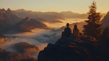Fototapeta premium Couple Watching Sunrise Over Misty Mountains