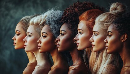 Obraz premium A stunning profile view of diverse women showcasing a variety of hair colors and textures, celebrating beauty and individuality.