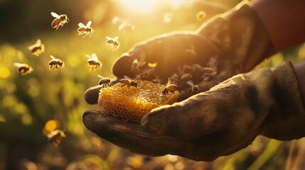 Hands wearing gloves hold a honeycomb filled with honey as bees busily fly around in warm sunlight. The scene is set in a lively garden filled with blooming flowers