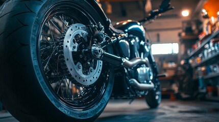 A motorcycle stands in a workshop, highlighting its rear wheel and brake components. Dim lighting accentuates the mechanical design, emphasizing the craftsmanship and detailing of the vehicle