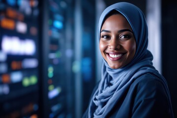 Close portrait of a smiling 40s Somali female IT worker looking at the camera, against dark server room blurred background.
