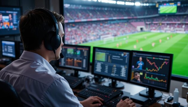 Sports analyst in a broadcasting booth reviewing live football match statistics