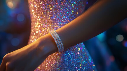 Elegant woman showcasing a sparkling bracelet in a festive setting during the evening