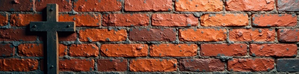 Rough brick wall, shadowed artistic cross, distressed effect, art, design, weathered