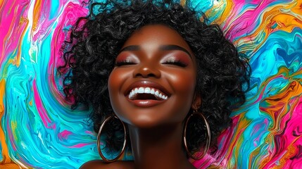 A joyful woman with curly hair smiles brightly against a vibrant, colorful background of swirling patterns.