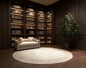 Fototapeta premium A cozy reading nook featuring a plush sofa, a circular rug, a tall bookshelf filled with books, and a potted plant for a serene atmosphere.