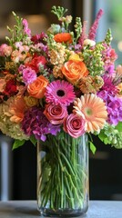 Bright and vibrant flower arrangement in a clear vase showcasing seasonal blooms