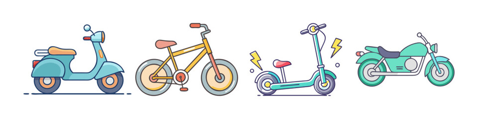 Obraz premium Illustration of Scooters, Bicycle, and Motorbike - A vector illustration showcasing four personal transport types: classic scooter, bicycle, electric scooter, and motorbike in vibrant colors.