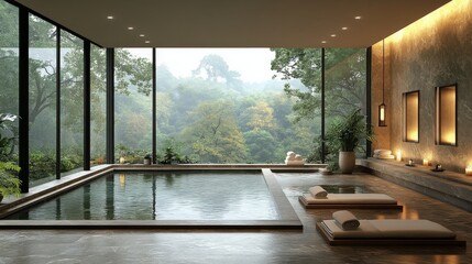 Fototapeta premium Relaxing spa room with a hot tub overlooking a serene forest landscape in the morning light