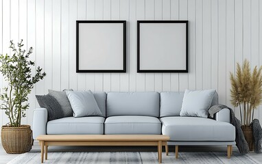 Light blue sectional sofa, two blank frames, plants, and wooden coffee table in a minimalist white room.