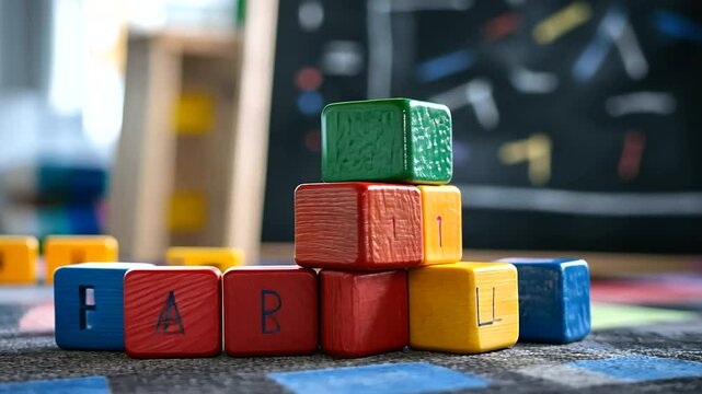 A close-up of brightly colored wooden alphabet blocks on a soft surface, surrounded by cheerful patterns and a chalkboard displaying basic lessons