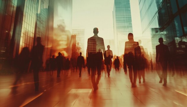 Diverse Business Team Silhouettes In Blurred City With Network Hologram And Business Interface, Emphasizing Technology And Communication. Toned Image.