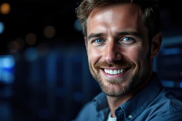 Close portrait of a smiling 40s Swedish male IT worker looking at the camera, against dark server room blurred background.