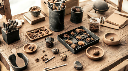 Naklejka premium Collecting tools and geological specimens on wooden desk create cozy workspace. arrangement includes rocks, bowls, and writing materials