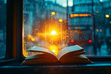 A captivating view of an open book resting on a window sill, with rain droplets adorning the window and a blurry city landscape illuminated by warm, glowing lights.