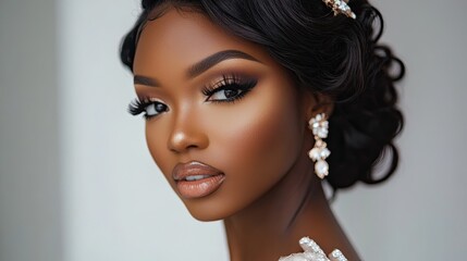 A model showcasing professional makeup and a curly hairstyle 