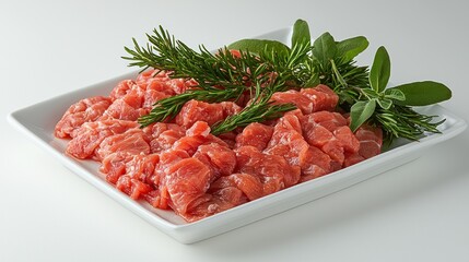 Raw meat pieces garnished with fresh herbs on a plate.