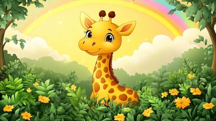 A cheerful cartoon giraffe in a vibrant, colorful landscape with a rainbow and flowers.
