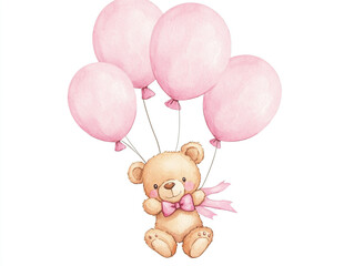 A teddy bear is holding a bunch of pink balloons. Watercolor style. 