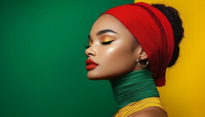A profile portrait of a woman with vibrant makeup and colorful accessories, set against a bold green and yellow background.