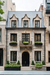 Fototapeta premium Elegant stone building with unique architecture in an urban setting on a quiet street