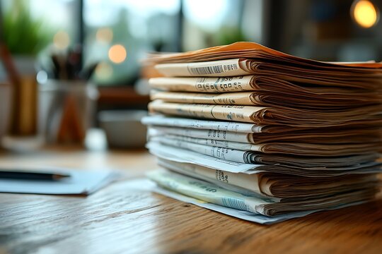 A tall stack of newspapers sits on a wooden table, suggesting a thirst for knowledge.