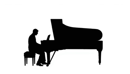 Pianist creating music silhouette against white background