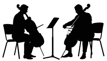 Silhouettes of musicians playing cello against a plain background