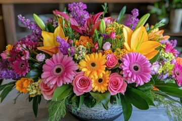 Colorful bouquet of fresh flowers arranged in a blue glass vase on a dark background
