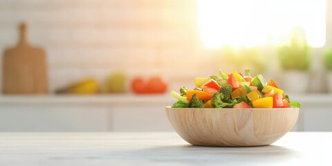 Fresh salad with colorful vegetables in a wooden bowl on a bright kitchen counter.