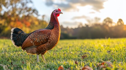 Fototapeta premium Colorful turkey stands proudly in a green field during sunset near trees