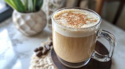 Aromatic Cinnamon Spiced Latte in a Glass Mug