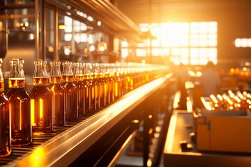 Bottling process at sunset in a busy beverage production facility