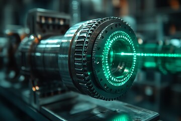 Fototapeta premium Futuristic Industrial Machine with Green Laser Beam: A Close-Up View